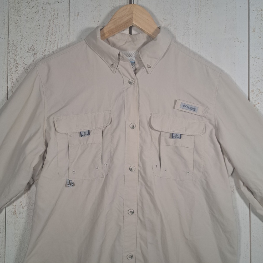 Columbia PFG Gorpcore Utilitarian Bahama II Omni-Shade Long Sleeve Shirt M Beige